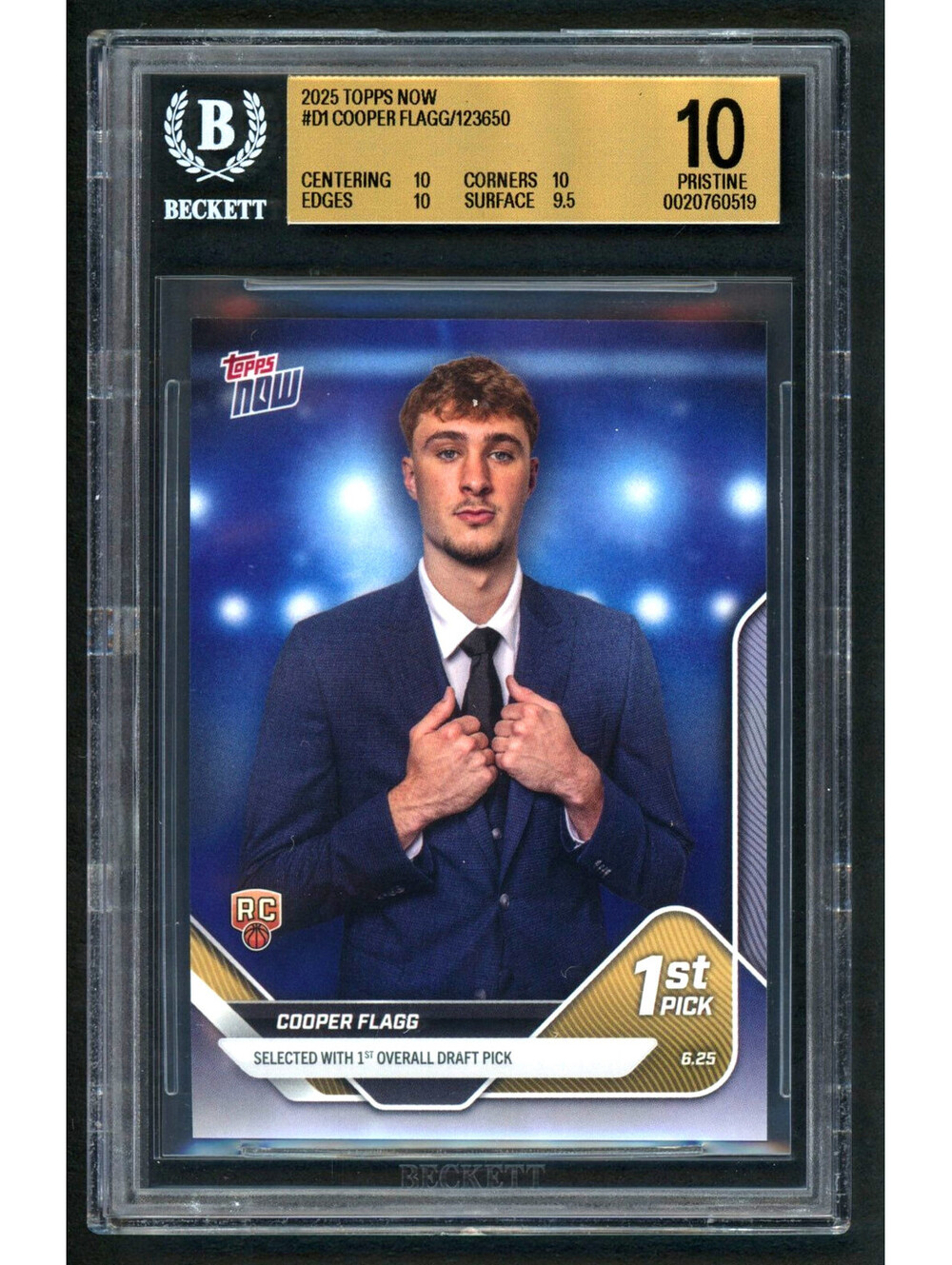 2025 Topps Now NBA #D1 Cooper Flagg 1st Overall Pick Rookie (RC) BGS 10 Pristine
